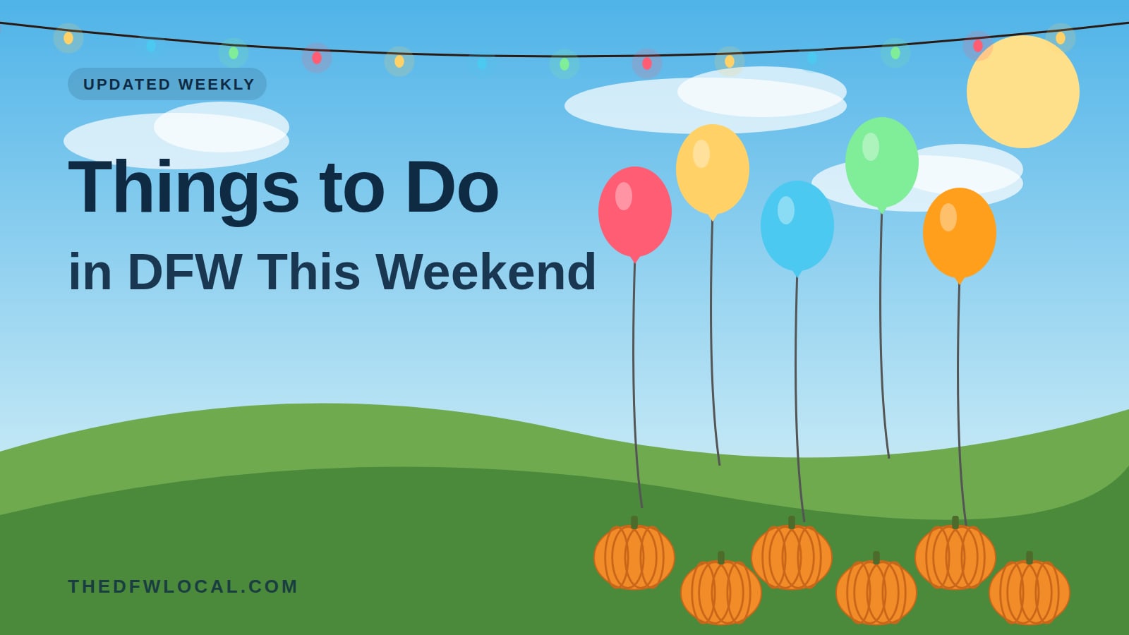 Illustration of balloons, bunting and a pumpkin over a sunny weekend skyline
